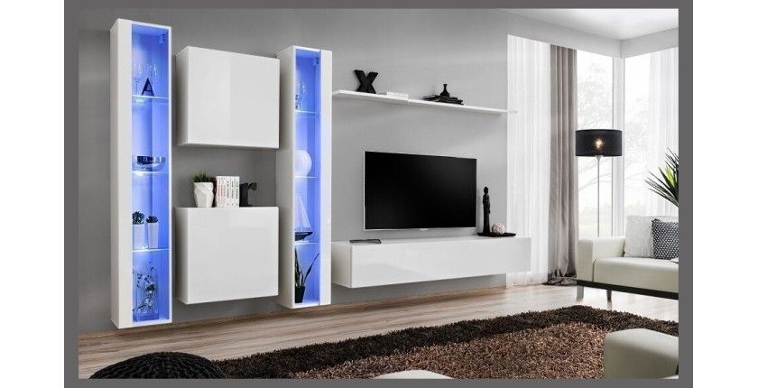 Ensemble meuble salon mural SWITCH XVI design, coloris blanc brillant.