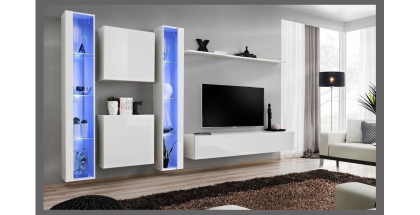 Ensemble meuble salon mural SWITCH XVI design, coloris blanc brillant.