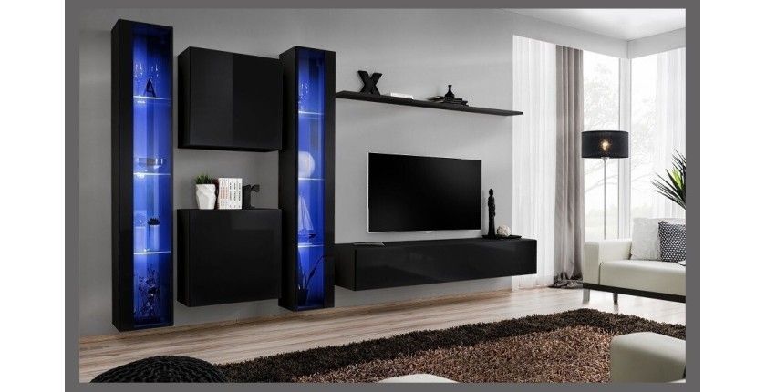Ensemble meuble salon mural SWITCH XVI design, coloris noir brillant.