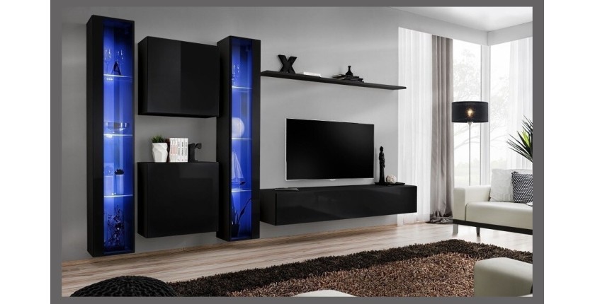 Ensemble meuble salon mural SWITCH XVI design, coloris noir brillant.
