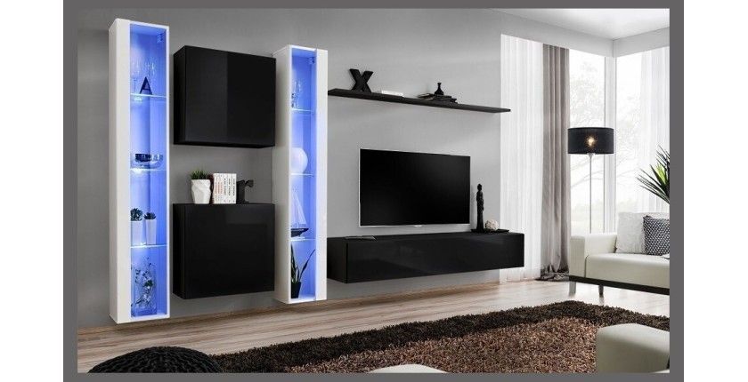 Ensemble meuble salon mural SWITCH XVI design, coloris noir et blanc brillant.