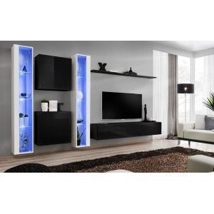 Ensemble meuble salon mural SWITCH XVI design, coloris noir et blanc brillant.