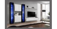 Ensemble meuble salon mural SWITCH XVI design, coloris blanc et noir brillant.