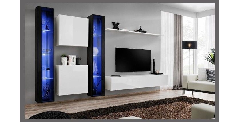 Ensemble meuble salon mural SWITCH XVI design, coloris blanc et noir brillant.
