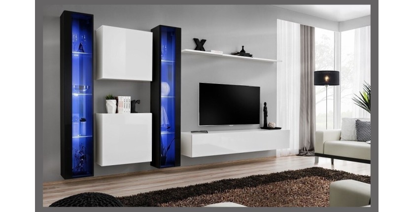 Ensemble meuble salon mural SWITCH XVI design, coloris blanc et noir brillant.