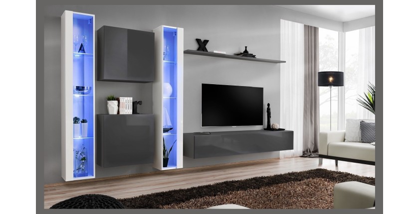 Ensemble meuble salon mural SWITCH XVI design, coloris gris et blanc brillant.