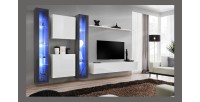 Ensemble meuble salon mural SWITCH XVI design, coloris blanc et gris brillant.