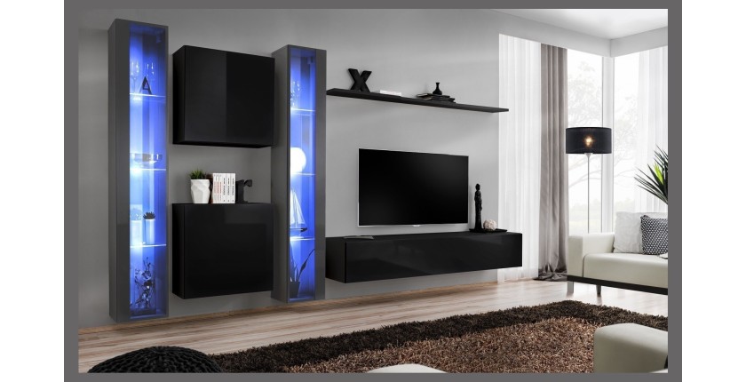 Ensemble meuble salon mural SWITCH XVI design, coloris noir et gris brillant.
