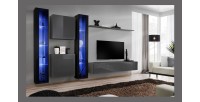 Ensemble meuble salon mural SWITCH XVI design, coloris gris et noir brillant.