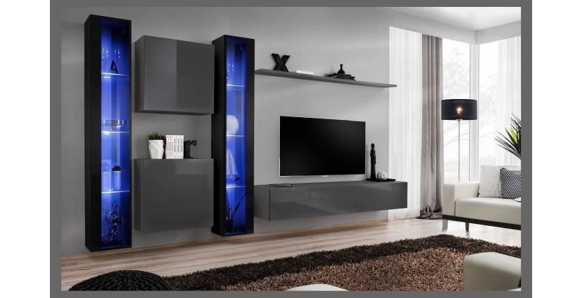 Ensemble meuble salon mural SWITCH XVI design, coloris gris et noir brillant.