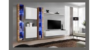 Ensemble meuble salon mural SWITCH XVI design, coloris blanc brillant et chêne Wotan.