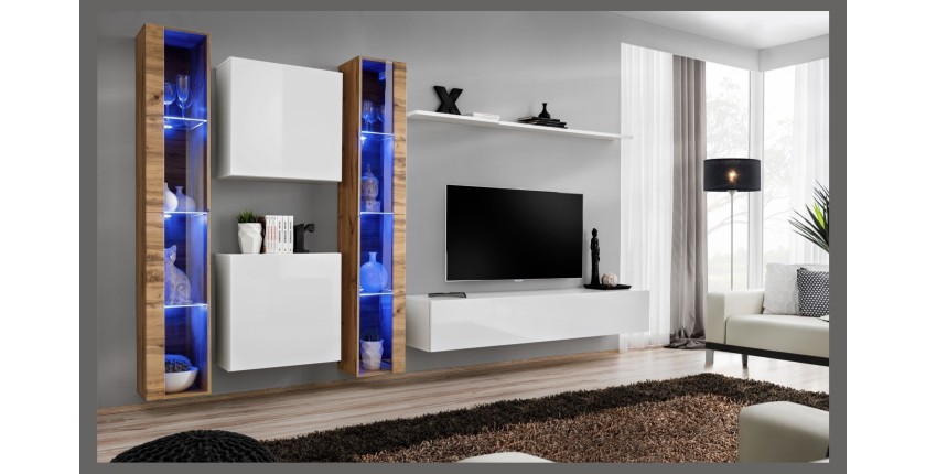 Ensemble meuble salon mural SWITCH XVI design, coloris blanc brillant et chêne Wotan.