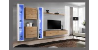 Ensemble meuble salon mural SWITCH XVI design, coloris chêne Wotan et blanc brillant.