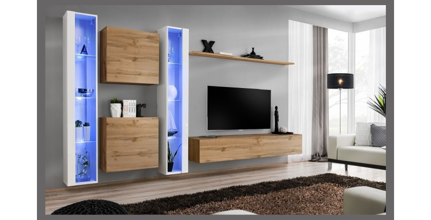 Ensemble meuble salon mural SWITCH XVI design, coloris chêne Wotan et blanc brillant.