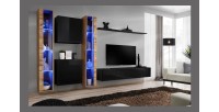 Ensemble meuble salon mural SWITCH XVI design, coloris noir brillant et chêne Wotan.