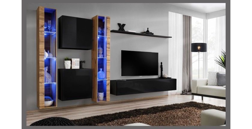 Ensemble meuble salon mural SWITCH XVI design, coloris noir brillant et chêne Wotan.