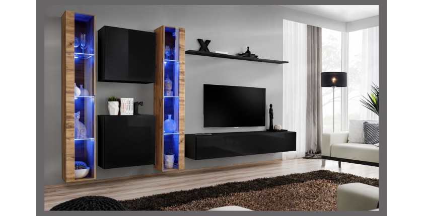 Ensemble meuble salon mural SWITCH XVI design, coloris noir brillant et chêne Wotan.