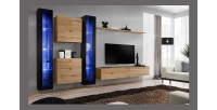 Ensemble meuble salon mural SWITCH XVI design, coloris chêne Wotan et noir brillant.