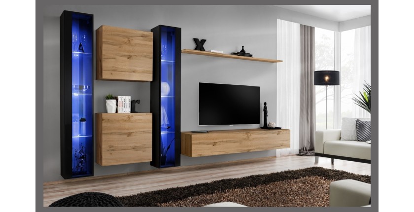 Ensemble meuble salon mural SWITCH XVI design, coloris chêne Wotan et noir brillant.
