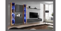 Ensemble meuble salon mural SWITCH XVI design, coloris gris brillant et chêne Wotan.