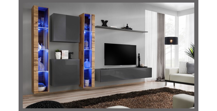 Ensemble meuble salon mural SWITCH XVI design, coloris gris brillant et chêne Wotan.