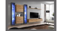Ensemble meuble salon mural SWITCH XVI design, coloris chêne Wotan et gris brillant.