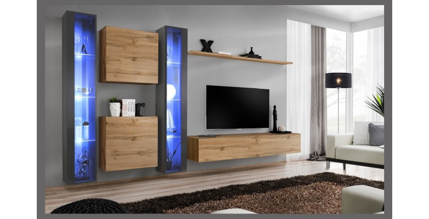 Ensemble meuble salon mural SWITCH XVI design, coloris chêne Wotan et gris brillant.