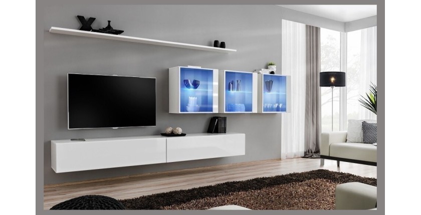Ensemble meuble salon mural SWITCH XVII design, coloris blanc brillant.