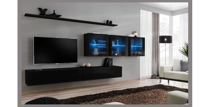 Ensemble meuble salon mural SWITCH XVII design, coloris noir brillant.