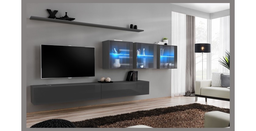 Ensemble meuble salon mural SWITCH XVII design, coloris gris brillant.