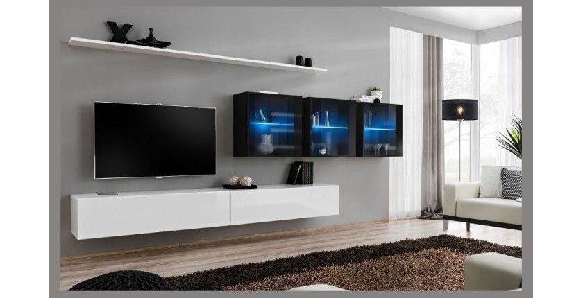Ensemble meuble salon mural SWITCH XVII design, coloris blanc et noir brillant.