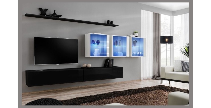 Ensemble meuble salon mural SWITCH XVII design, coloris noir et blanc brillant.