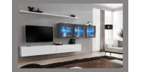 Ensemble meuble salon mural SWITCH XVII design, coloris blanc et gris brillant.
