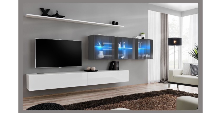 Ensemble meuble salon mural SWITCH XVII design, coloris blanc et gris brillant.