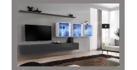 Ensemble meuble salon mural SWITCH XVII design, coloris gris et blanc brillant.