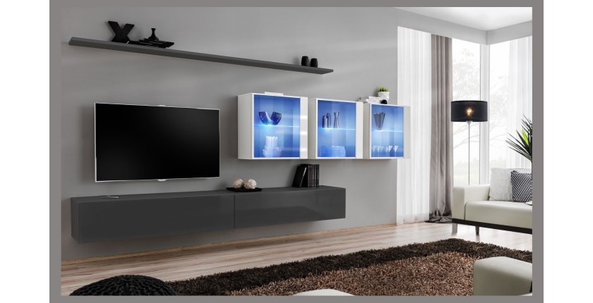 Ensemble meuble salon mural SWITCH XVII design, coloris gris et blanc brillant.