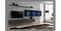 Ensemble meuble salon mural SWITCH XVII design, coloris gris et noir brillant.