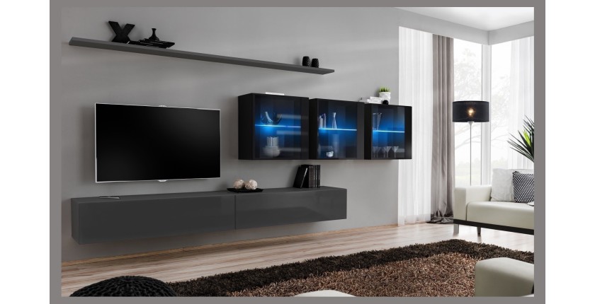 Ensemble meuble salon mural SWITCH XVII design, coloris gris et noir brillant.