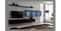 Ensemble meuble salon mural SWITCH XVII design, coloris noir et gris brillant.