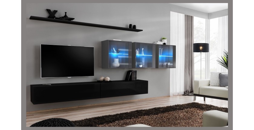 Ensemble meuble salon mural SWITCH XVII design, coloris noir et gris brillant.