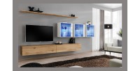 Ensemble meuble salon mural SWITCH XVII design, coloris chêne Wotan et blanc brillant.