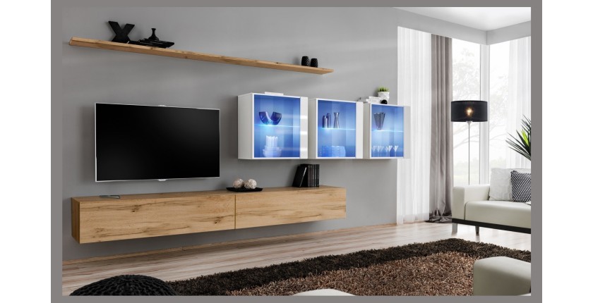 Ensemble meuble salon mural SWITCH XVII design, coloris chêne Wotan et blanc brillant.