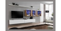 Ensemble meuble salon mural SWITCH XVII design, coloris blanc brillant et chêne Wotan.
