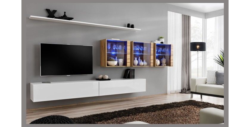 Ensemble meuble salon mural SWITCH XVII design, coloris blanc brillant et chêne Wotan.