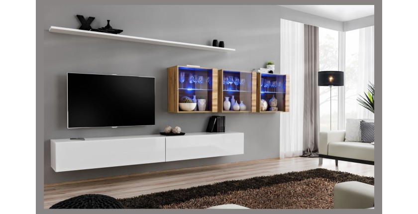 Ensemble meuble salon mural SWITCH XVII design, coloris blanc brillant et chêne Wotan.