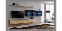 Ensemble meuble salon mural SWITCH XVII design, coloris chêne Wotan et noir brillant.