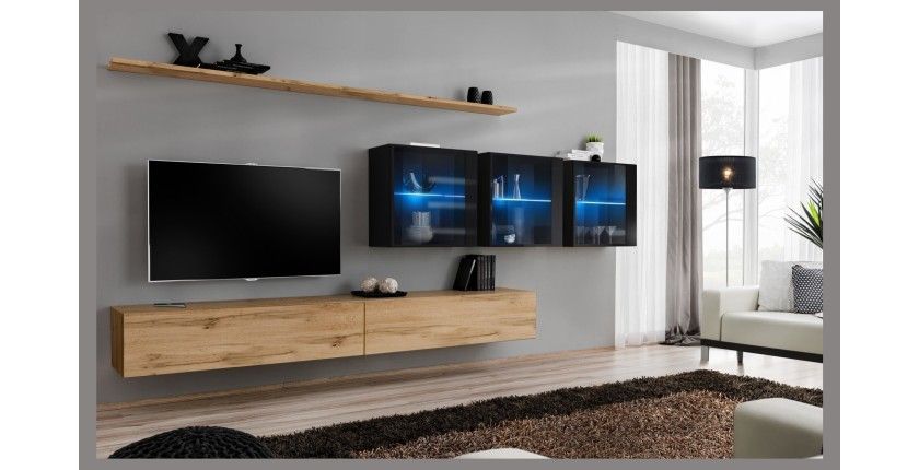 Ensemble meuble salon mural SWITCH XVII design, coloris chêne Wotan et noir brillant.