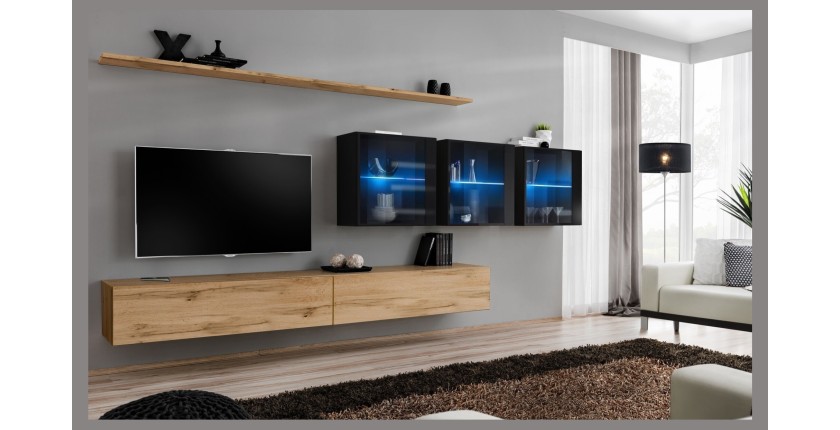 Ensemble meuble salon mural SWITCH XVII design, coloris chêne Wotan et noir brillant.