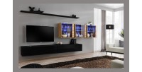 Ensemble meuble salon mural SWITCH XVII design, coloris noir brillant et chêne Wotan.