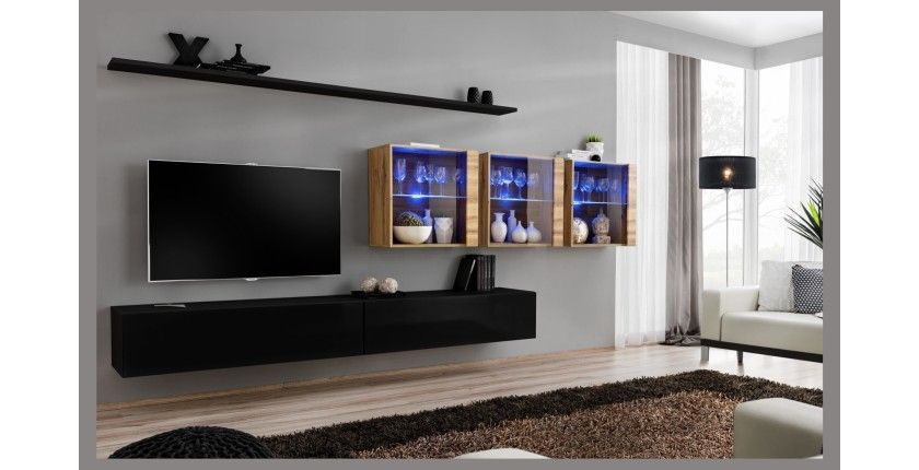 Ensemble meuble salon mural SWITCH XVII design, coloris noir brillant et chêne Wotan.